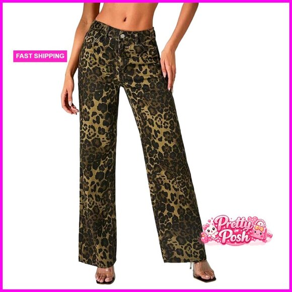 Denim - Leopard Print Wide Leg Denim Pants Mid Rise Boyfriend Fit